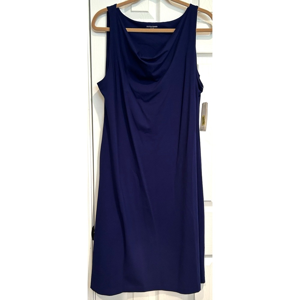 NWT Eileen Fisher Blue Drape Neck Knee Length Viscose Dress L Sleeveless Stretch